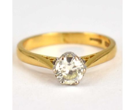 An 18ct yellow gold solitaire ring, the prong set brilliant cut diamond with stated weight of 0.33ct, size L, approx. 3g.Cond