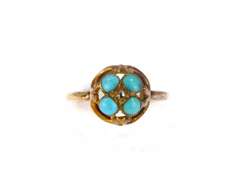 A 9ct rose gold Art Deco style ring set with central rose cut diamond chip, and four turquoise beads in an open mount, size M