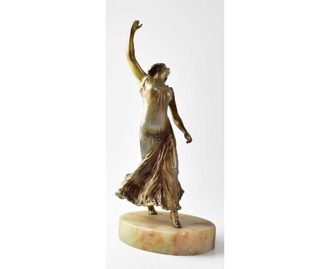 A painted bronze sculpture of a female dancer, raised on an oval hardstone plinth, unsigned, height 26cm.Condition Report: - 