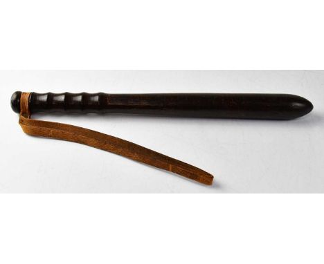 A turned wooden military truncheon, marked with broad arrow to end and letter 'M', the leather strap with partial stamped tex