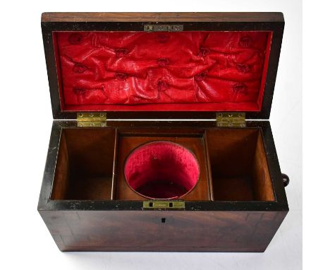 A Victorian flame mahogany line inlaid sarcophagus form tea caddy with three internal divisions, lacking covers and pot, 18.5