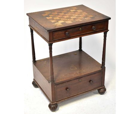 A 19th century mahogany side table with inlaid rosewood and walnut chequerboard to the top, shelf below with single drawer, o