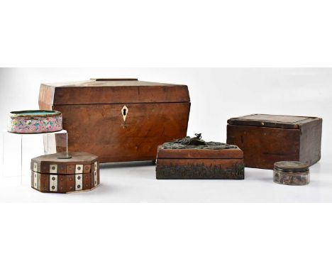 Five various boxes to include a Japanese wooden box with applied metal wrythen dragon to the lid and iris to the body, a 20th