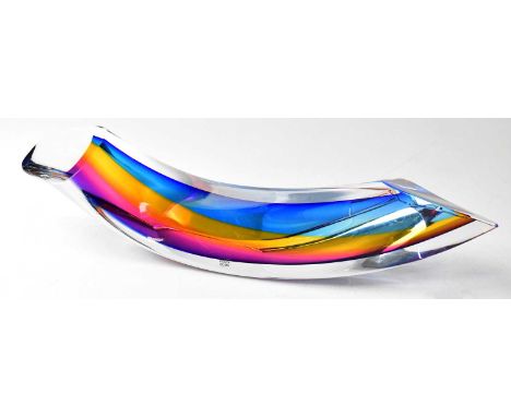 GORAN WARFF FOR KOSTA BODA; a 'Rainbow' glass sculpture of elongated abstract form, signed, limited edition number 87/399, le