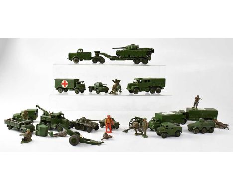 A quantity of Dinky and other diecast army vehicles and figures to include tanks, jeeps, trucks, etc.