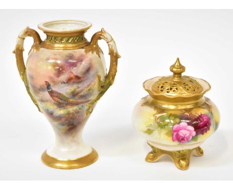 HARRY STINTON FOR ROYAL WORCESTER; a c.1910 hand painted gilt-heightened vase with reticulated neck, painted with pheasants i