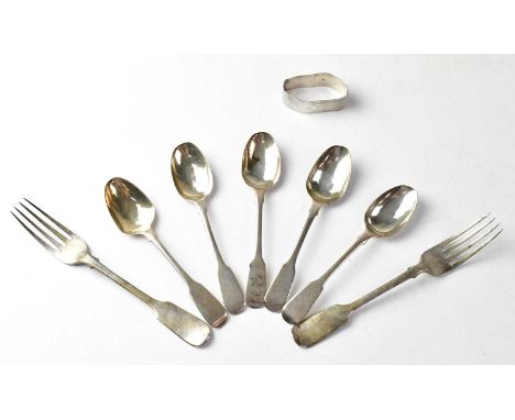 A group of hallmarked silver flatware, comprising a set of five teaspoons and two matched forks, together with a napkin ring 