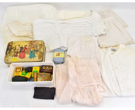 Various vintage textiles to include three babies' gowns, three babies' dresses, a babies' jacket with hood and a dress shirt,