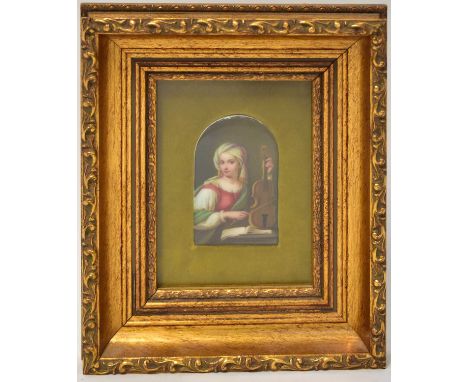 A Berlin-style porcelain plaque, painted with a half-length portrait of a Renaissance-style woman holding a violin, with open