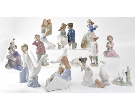 NAO; fourteen figures, to include duck figure groups, two figures of mothers with children, figures of children, etc, togethe