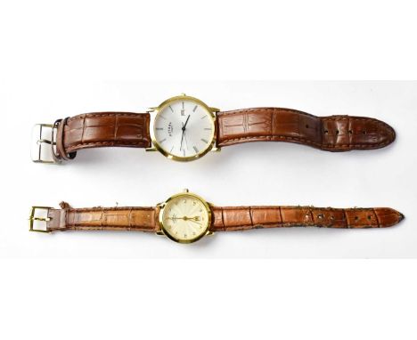 ROTARY; two wristwatches, one with dial set with Roman numerals and date aperture, diameter of dial 40mm, on a brown leather 