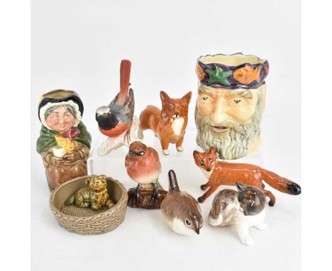 Mixed decorative ceramics to include Beswick figures comprising Fox, Corgi Dog, Robin No. 980, Wren, a Goebel bird on branch,