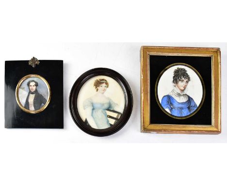 X UNATTRIBUTED; a circa 1830 miniature watercolour on ivory, half-length portrait of a gentleman, approx 10 x 9cm, framed and