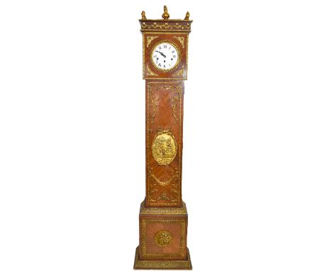 A Louis XIV style longcase clock of small proportions, the domed circular white enamelled dial set with Roman numerals and th