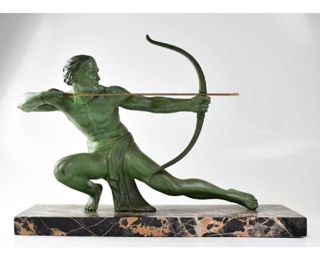 AFTER SALVATORE MELANI (1902-1934); a painted spelter figure 'The Hunter', depicting a male figure in a loincloth, with bow a