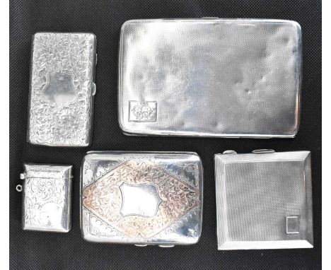 Three hallmarked silver cigarette cases, comprising a small example with floral decoration, 8.5 x 4.5cm, one with embellished