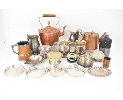 Various items of metalware to include brass and copper kettle, height 24cm, a 1gill teapot with floral decoration and ebony s