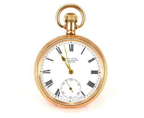 THOMAS YATES, 12 FRIARGATE, PRESTON; a gold plated open face pocket watch, the white enamelled dial set with Roman numerals, 