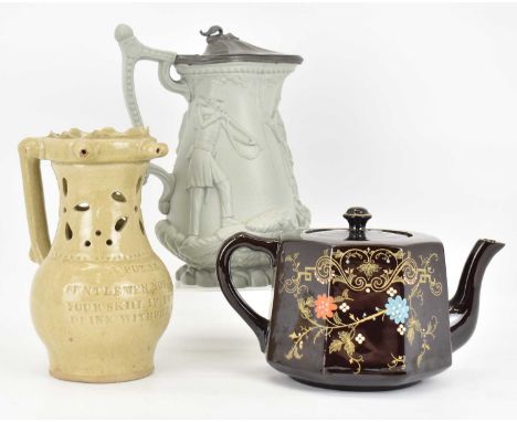 Various 19th century ceramics to include a stoneware puzzle jug inscribed 'A Puzzle Gentlemen now try, your skill if you can,