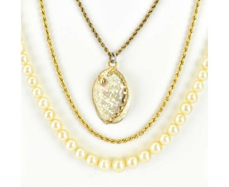 Two 9ct gold ropetwist necklaces, one with mother-of-pearl shell pendant and snap clasp, length 42cm, and a necklace with rin