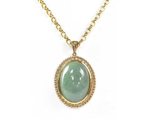 A 9ct yellow gold belcher chain set with a gold mounted oval jade pendant, together with a pair of 18ct gold mounted oval jad