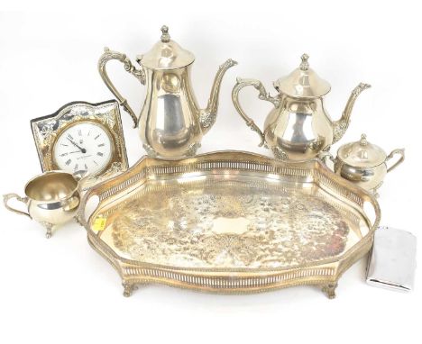 A five-piece silver plated tea set, comprising teapot, coffee pot, lidded sugar bowl, milk jug and tray with galleried sides 