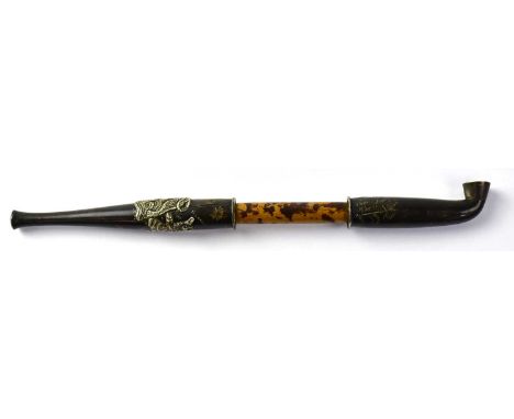 A 19th century Chinese bronze opium pipe with applied white metal decoration of a man and a tiger, length 21cm.