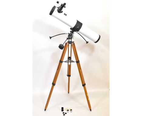 ASTRO; a Japanese reflecting telescope with 4.5" diameter aperture, f900mm, an adjustable tripod, 4mm and 20mm lenses, two Ba