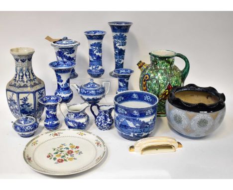 WEDGWOOD; a quantity of 'Fallow Deer' pattern blue and white ceramics, an Oriental blue and white vase, a Majolica-style jug 