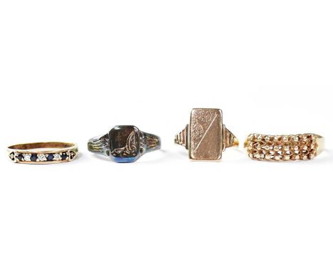 A 9ct yellow gold ring set with small sapphires and white stones, size Q, a 9ct yellow gold ring with beaded decoration, size