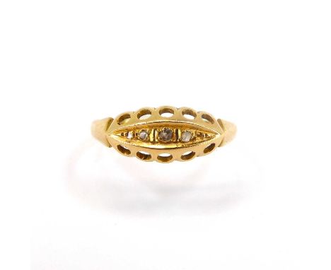 An 18ct gold Victorian-style ring set with five graduated small diamonds, size P, approx. 2g (af).Condition Report: One small