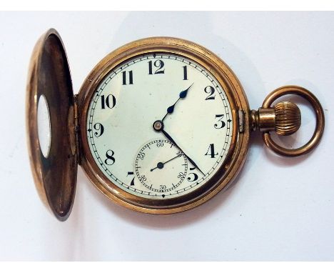 A gentleman's gold plated half hunter pocket watch with enamel dial, subsidiary seconds hand, Swiss movement 