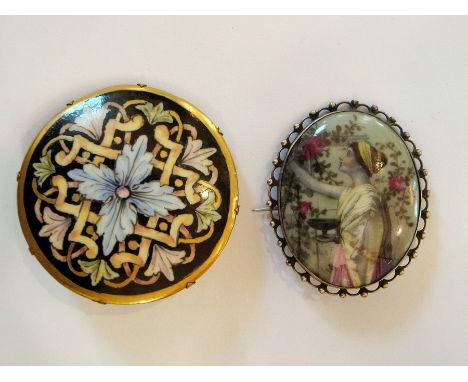 Ceramic miniature portrait brooch of classical female in a rose garden and another, floral knot pattern (2) 