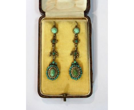 A pair of Victorian drop earrings of polished green stones, turquoise and pearl droplets, in gold-coloured metal pierced moun