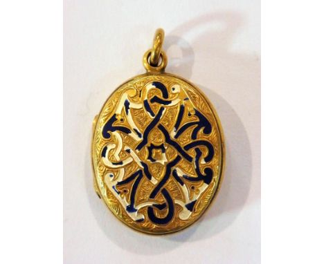 Gold-coloured metal and enamel hinged oval locket (af) 