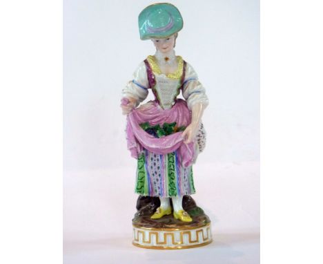 A pair of 19th century Meissen porcelain figures, the woman in elaborate dress wearing green hat and looking down over apron 