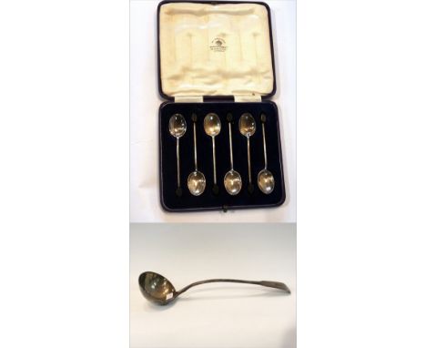 A George IV silver fiddle pattern gravy ladle, London 1820 together with a set of six silver coffee bean spoons, Sheffield 19