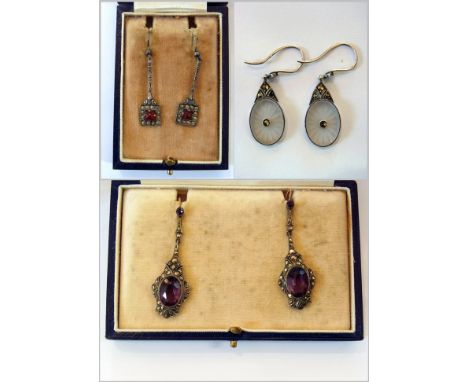 Pair silver marcasite and amethyst drop earrings, in case and two other pairs silver earrings 
