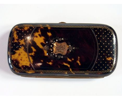 19th century tortoiseshell and pique cigar case, star decorated with central gold coloured metal shield bearing initials, fla