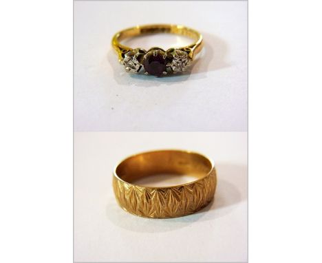 9ct gold bark-pattern wedding ring and an 18ct gold ruby and garnet ring set single garnet flanked by pair tiny diamonds, ill