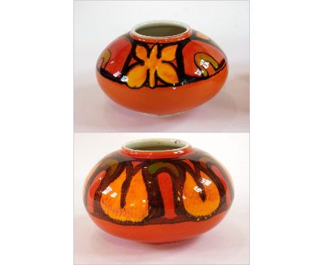 Pair Poole pottery Delphis style vases in an oblate form with abstract design