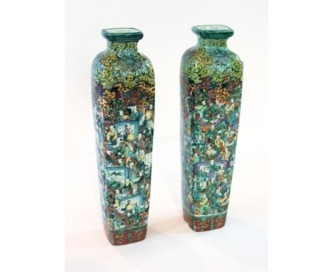 Pair of Japanese porcelain vases of square tapering form, green ground with green and yellow enamel figural scenes, painted s