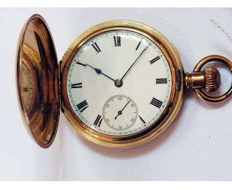 Victorian rolled gold hunter pocket watch with white enamel dial, subsidiary seconds dial, button winding 