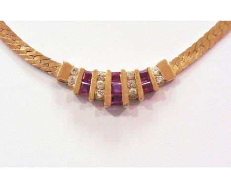 14K gold ruby and diamond necklace set bands of alternating rubies and diamonds (seven each) and the flattened flexible chain