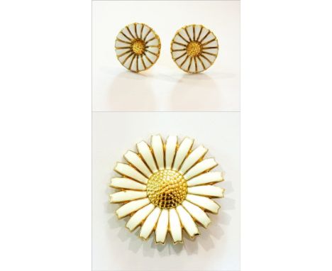 Georg Jensen silver gilt and white enamel suite of brooch and pair matching earrings, daisy pattern, each in original box 
