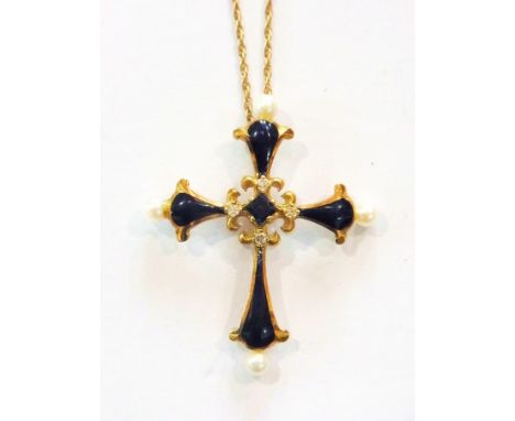18K gold sapphire, pearl and blue enamel crucifix-pattern pendant set centre sapphire with surround of four tiny diamonds, en