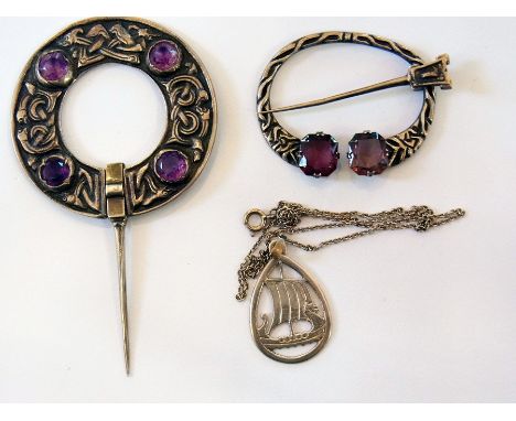 Scottish silver and amethyst stick pin, the circular top embossed with celtic knot and set four stones, another, celtic knot 