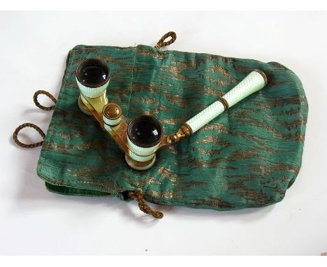 Pair of German pale green engine-turned enamel folding opera glasses, marked Busoh Multinett, having mother of pearl eye piec
