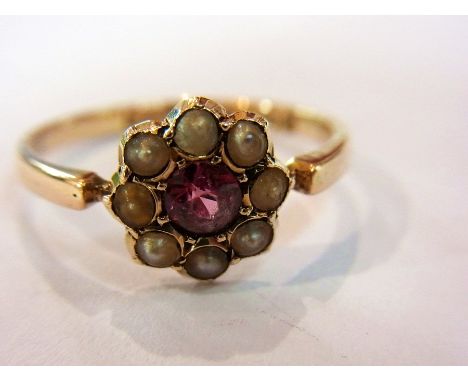 19th century 9ct gold ruby and seedpearl cluster ring 