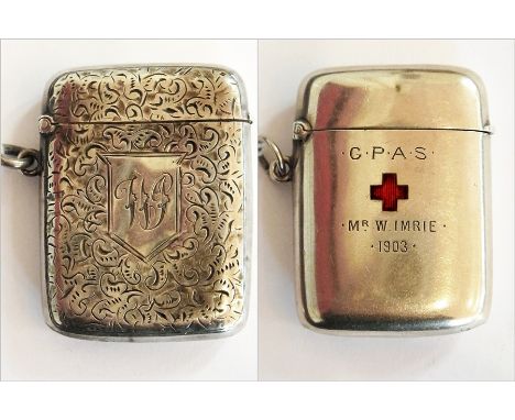 A silver vesta case inlaid with enamel red cross and engraved "G.P.A.S." above and "Mr W Imrie 1903" below, Birmingham 1903 a